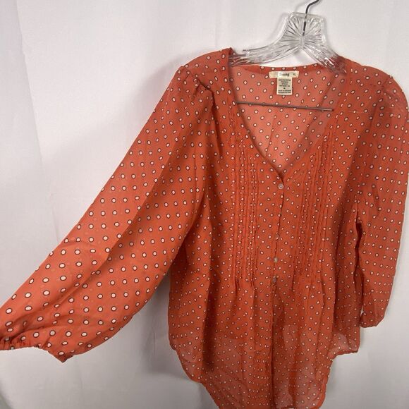 Sheer Women’s Orange Blouse Button Down White Polka Dots Sz XL  Boho Whimsical - Picture 3 of 10